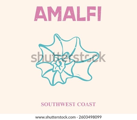 Amalfi beach artwork. Seashell vintage artwork. Summer vibes artwork. Seashell line drawing.