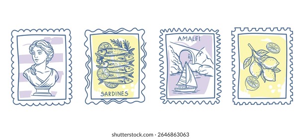 Amalfi beach background. Italy postcard with lemon statue boat. Sea vintage print. Italy summer bg. Post stamp border. Vector with Amalfi coast 