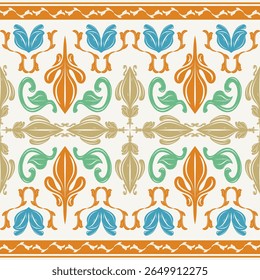 Amalfi Botânico Brincalhão Delight Cor Desenhado à Mão Medieval Scroll Ornamento com Azul Verde Laranja Ouro no Fundo Branco. Luxo primavera temporada florescendo para telhas de tecido mosaico seda têxtil moda