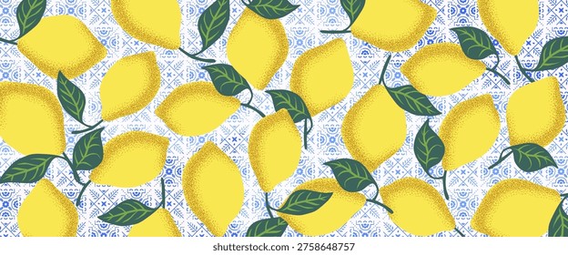 Amalfi citrus pattern. Mediterranean lemon tiles with Italian fruit illustrations and yellow botanical ornaments. Horizontal banner with blue ceramic mosaic frames and classic Sicilian fabric design.
