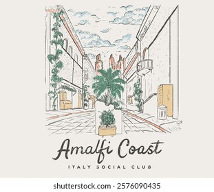 Amalfi coast art. Summer vibes artwork. Italy city graphic print design. Enjoy beach life. Beach good vibes. Beach old city abstract art. Enjoy beach life. Building hand sketch.