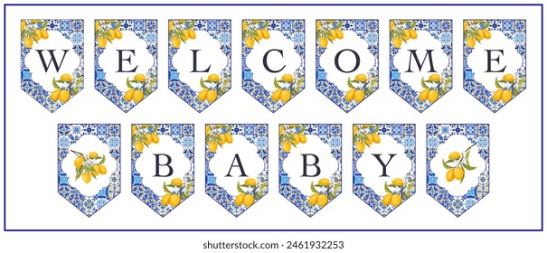 Amalfi Coast Baby Shower Printable Cards, Lemon Citrus Mediterranean decor with blue tiles and lemons, Italian theme tuscan beach party, Coastal Baby. Vector illustration.