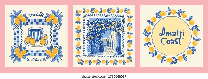 Amalfi coast decorative prints, set of square cards, greeting cards, decorations, blueprint, lemon wreath, border, ornament, mediterranean, creative, hand drawn, vector illustration