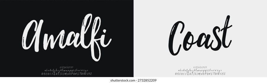 Costa de Amalfi, fuente de letras del alfabeto del logotipo de Elegant Script. Tipografía de lujo con letras clásicas Fuentes serif decorativas vintage retro logotipos y número. Ilustración vectorial
