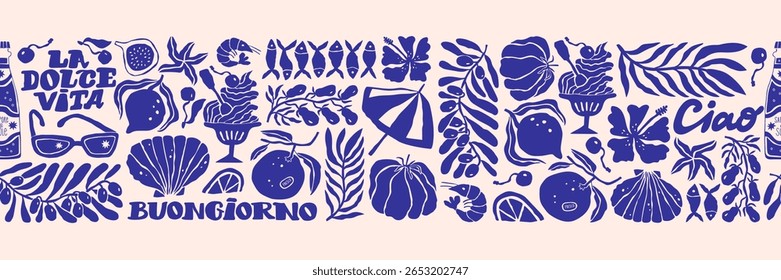 Amalfi coast hand-drawn seamless border with fruits, gelato and drinks. Retro vibes in naive Mediterranean style. Perfect for fabric, kitchen and summer food design. Hello and Sweet Life lettering