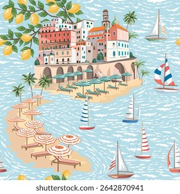 Amalfi coast, Italian town, beach, lounge chair, umbrella, sailboat, lemon tree, palms, sea wave, island seamless pattern. Summer Mediterranean wallpaper.