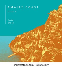 Amalfi coast, Italy. Colored vector illustration of a coastline and sea. 
The vector image is the result of autotrace. It is adapted for easy use.