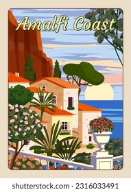Amalfi Coast Italy, mediterranean romantic landscape, mountains, seaside town, sea. Retro poster travel svg
