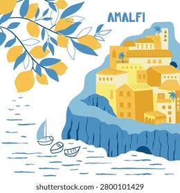 Amalfi coast landscape vector card. Hand drawn la dolce vita vibes, Italian city, coastline, lemon tree, beach, sea waves and sailboat poster. Mediterranean summer vacation aesthetic illustration.