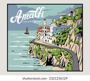 amalfi coast landscape vector illustration, travel italy vector, summer beach design, itailan classic summer poster design, outdoor graphic print design