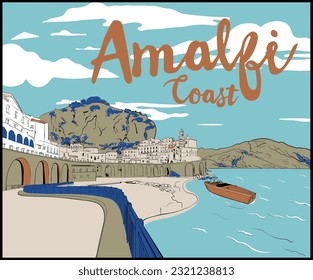 amalfi coast landscape vector illustration, travel europe vector, summer beach design, itailan classic summer poster design, travel poster design