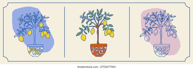 Amalfi Coast lemon tree in flower pot collection. Doodle hand drawn contour line illustration for summer design.