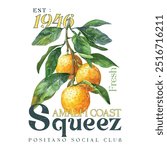 Amalfi coast lemon vector art, vintage retro color college text graphics with grunge orange effects, girls
