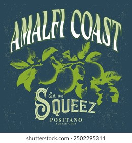 Amalfi coast lemon vector art, vintage retro color college text graphics with grunge orange effects, girls' graphic, women's print design, kids and men's t-shirt design, retro vintage summer design