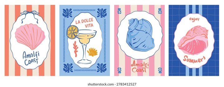 Amalfi coast prints, set of posters, Mediterranean, Italian style, wall art decoration, hand drawn, modern, creative vector illustration 