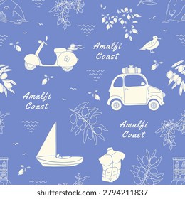Amalfi coast seamless pattern. Hand drawn silhouette elements on blue background. Summer vocation travel scene with Amalfi villa house sailboat and small car with suitcase. Olive and lemon tree branch