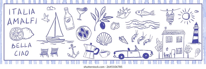 Amalfi costa férias de verão definido com limão, ostra, farol, carro, limoncello e barco. Estilo de vida costeiro refletindo viagem Italia espírito. Ilustração vetorial em estilo de esboço de giz de cera à mão.