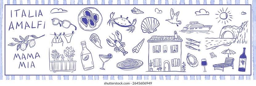 Amalfi coast summer vacation set with seafood, balcony, lobster, house, seagull, yacht and pasta. Coastal lifestyle reflecting travel Italia spirit. Vector illustration in hand drawn crayon sketch.