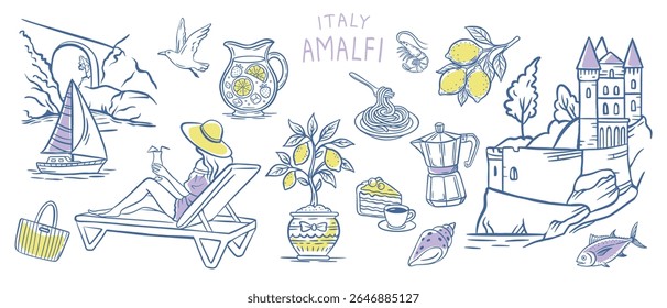 Amalfi coast vacation with seafood, italian food, lobster, yacht, girl on beach, castle, landscape, rocks. Summer coastal lifestyle of Italy. Vector illustration in hand drawn pencil sketch