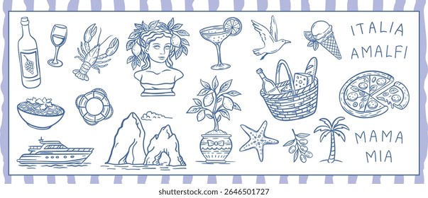 Amalfi coast vacation set with seafood, Italian food, lobster, yacht, seagull, yacht, lemons. Coastal summer lifestyle reflecting spirit of travel in Italy. Vector illustration in hand drawn sketch