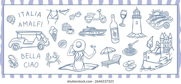 Amalfi coast vacation set with seafood, Italian food, lobster, yacht, seagull, yacht, lemons. Coastal summer lifestyle reflecting spirit of travel in Italy. Vector illustration in hand drawn pencil