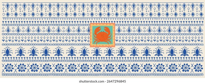 Amalfi Coastal. Seamless vector pattern with Mediterranean and Italian elements.
Blue floral motifs and a cute crab. Great for textile, background or surface designs. Coastal theme.
