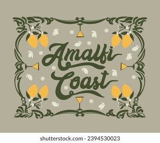 diseño de vectores de tipografía de verano de costo amalfi, diseño de limones costeros amalfitanos, arte de vacaciones de verano italiano para camiseta, pegatina, afiche, impresión gráfica, floral de verano 