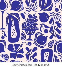 Amalfi food hand-drawn seamless pattern with fruits, gelato and drinks. Retro vibes in naive Mediterranean style. Perfect for fabric, kitchen decor, wrapping, and summer food design.