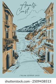 Amalfi Ilustración vectorial costera italiana, vacaciones de verano europeo arte gráfico, Arte vectorial de verano