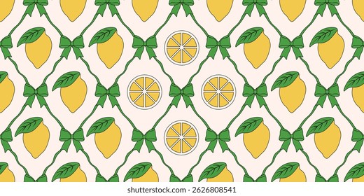 Amalfi. Italy. Coquette. Seamless Trellis with lemons bow and ribbon. Perfect rhombus wallapper print food wrapping paper with lemon. Vector illustration. EPS 10