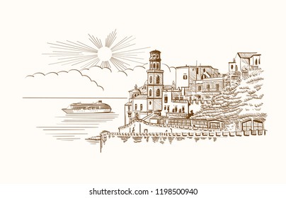 Amalfi, Italy - panorama. Vector illustration