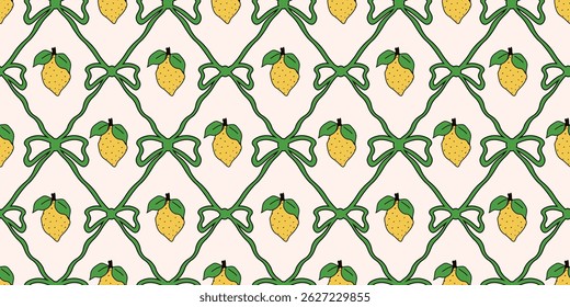 Amalfi. Italy. Seamless Trellis with doodle lemon bow and ribbon. Vector illustration of seamless lemon pattern. Perfect Coquette style wrapping paper wall deco print template design. EPS 10