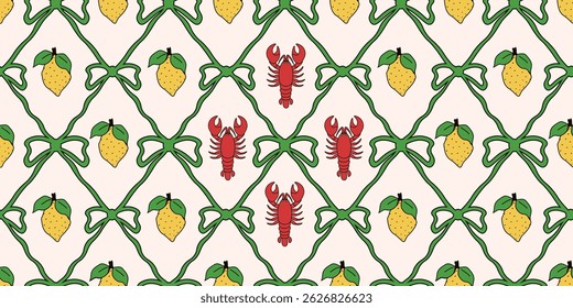 Amalfi. Italy. Seamless Trellis with lobster lemon bow and ribbon. Vector illustration of italian seamless pattern. Perfect Coquette style wrapping paper wall deco print template design. EPS 10