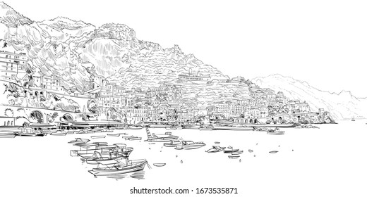 Amalfi. Italy. Urban Sketch. Mediterranean City. Hand Drawn Vector Illustration