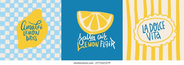 Amalfi lemon days triptych poster set with hand drawn citrus, salty air lemon flair quote and rustic stripe textures, textured Mediterranean summer prints for wall art, cards, coastal branding. Vector