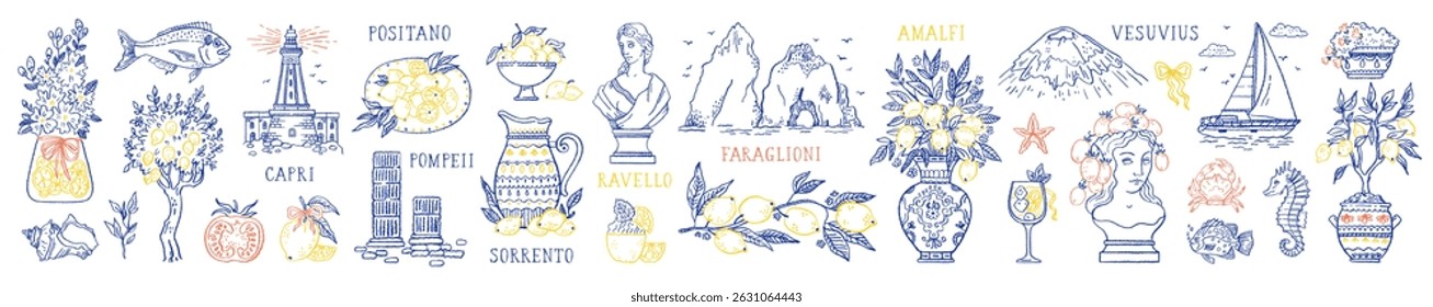 Amalfi lemon Italian coat. Summer Italy. Doodle hand drawn beach watercolor sea icon. Vacation vintage sketch vector bg. Italian food lemon. Amalfi Positano Capri Ravello Sorrento Faraglioni Pompeii