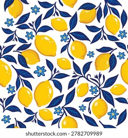 Amalfi lemon seamless pattern with leaves, flowers on white background. Citrus fruit vector illustration. Mediterranean lemon pattern. Yellow citrus fruits, dark cobalt blue leaves, small blossoms seamless background. Fresh summer citrus vector pattern. Seamless lemon background with dark blue leaves, blue flowers. Italian style lemon pattern. Yellow lemons, navy blue leaves hand drawn botanical background vector.