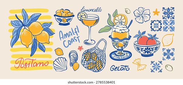 Amalfi lemons set of hand drawn elements for decorations, prints, scrapbook, posters, circuit, creative vector illustration