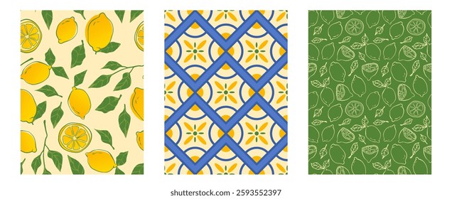 Amalfi Mediterranean coast pattern - bright yellow lemons with green leaves on beige background, traditional blue lattice tile with floral motifs, outline citrus illustrations on emerald surface.