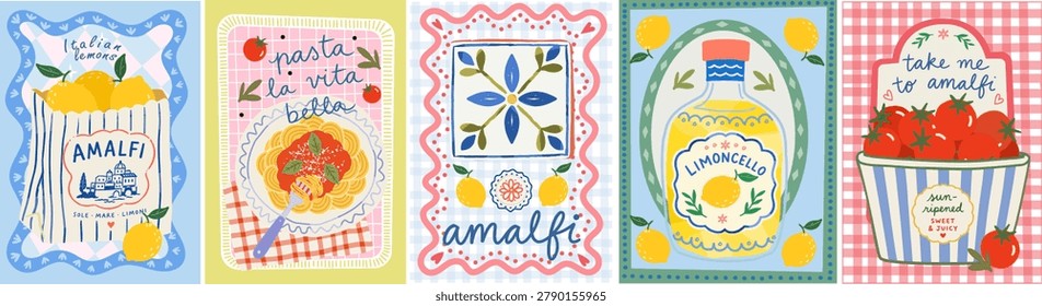 Amalfi. Mediterranean summer. Vector illustration of Italian lemons, tomatoes, pasta, limoncello, and ceramic tiles from Italy. Frame for a poster, postcard, or T-shirt print.