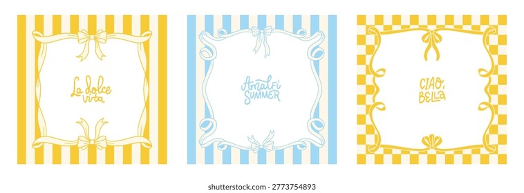 Amalfi ribbon frames set with La Dolce Vita, Amalfi Summer and Ciao Bella lettering, hand drawn striped and checkered borders in Mediterranean yellow and blue for invite, menu, card, Italian branding