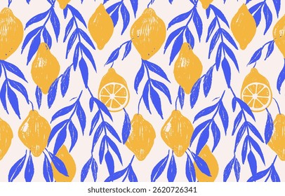 Motif harmonieux d'Amalfi avec des motifs de citron méditerranéen en jaune et bleu. Crayon Hachures éléments de design texturés de fruits avec des feuilles. Impressions élégantes pour textiles. Illustration vectorielle dessinée à la main.