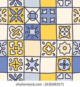 Amalfi seamless pattern - mosaic doodle design with geometric motifs. Colorful composition with rosettes, diamond shapes. Mediterranean folk ornament background, ceramic tile print. Linear vector.