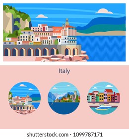 Amalfi. Seaside town in Italy. Round icons of lake Garda, Venice, Amalfi. Vector illustration with space for text. Template design of tourist booklet.