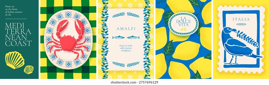 Amalfi summer pattern prints with lemons, Italian retro tiles and coastal motifs. Fresh seafood and sunny Mediterranean charm. Italian text translation: Sweet life, Summer in Italy on Amalfi Coast.