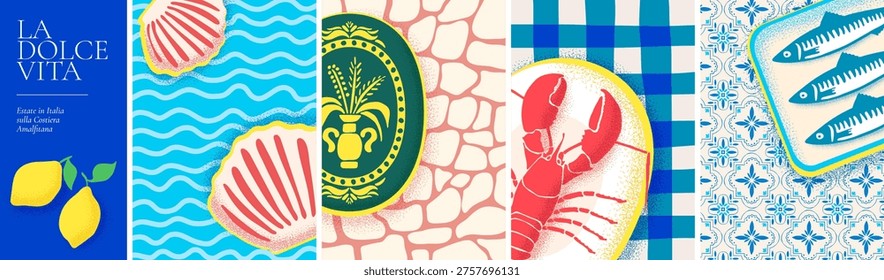 Amalfi summer posters. Lemons and Mediterranean sea retro tiles pattern. Italian prints with lobster, sardine and nautical shells. Italian text translation: Sweet life, Summer in Italy on Amalfi Coast