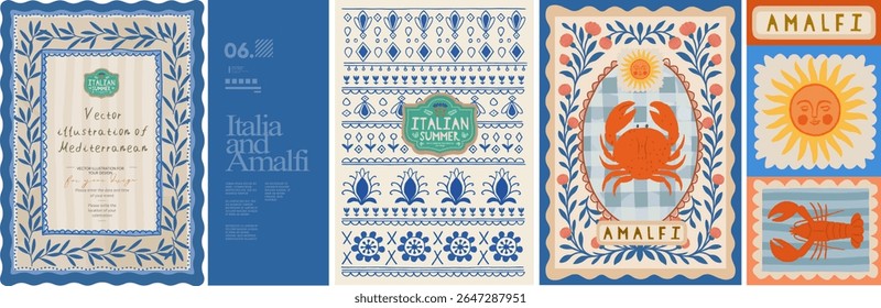 Amalfi Summer Print. Cute italian and greek mediterranean illustrations of crab, lobster, sun, postage stamp and seamless pattern for poster, invitation or background