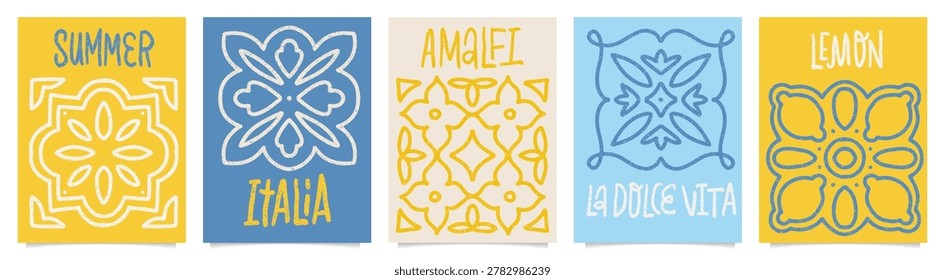 Amalfi summer tile posters set, textured hand drawn Italian ceramic pattern cards with lettering quotes Summer, Italia, Amalfi, La Dolce Vita and Lemon, rustic Mediterranean wall art illustration