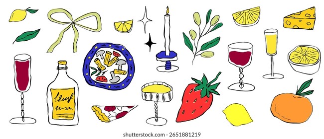 Amalfi whimsical food set with pizza, pasta and fruit sketch. Playful whimsical graphic with lemon and cocktail. Amalfi mediterranean food set for menu design. Vector illustration