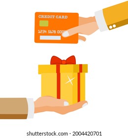 Amanda holding gift box, the other hand giving credit card, purchasing concept, yellow theme 